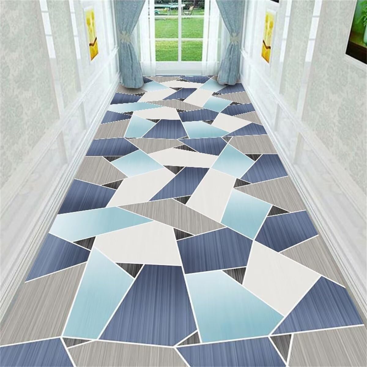Paillasson Interieur 50X80 Gris-Bleu Géométrique - Tapis d'Entrée Antidérapant pour Terrasse