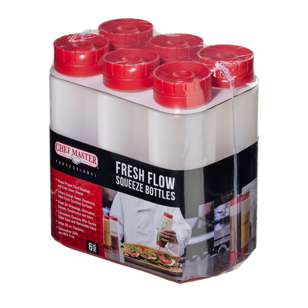 90290 - Paquete de 6 botellas de plástico rellenables de 16 onzas, aptas para todo tipo de salsas, condimentos, masa y aderezo para restaurantes, comensales y camiones de comida