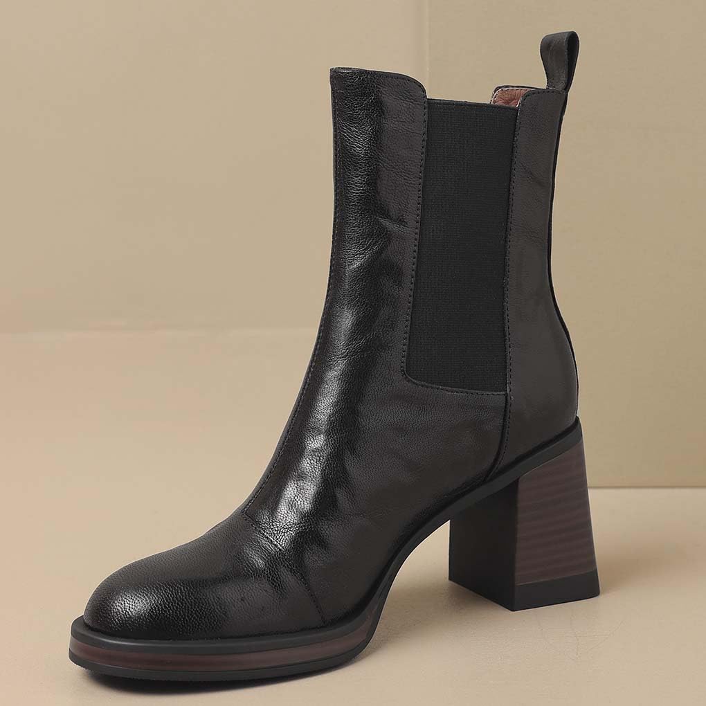 Stiefeletten Damen Leder Chelsea Boots Elegant Kurzschaft Ankle Stiefel Absatz Blockabsatz High Heels