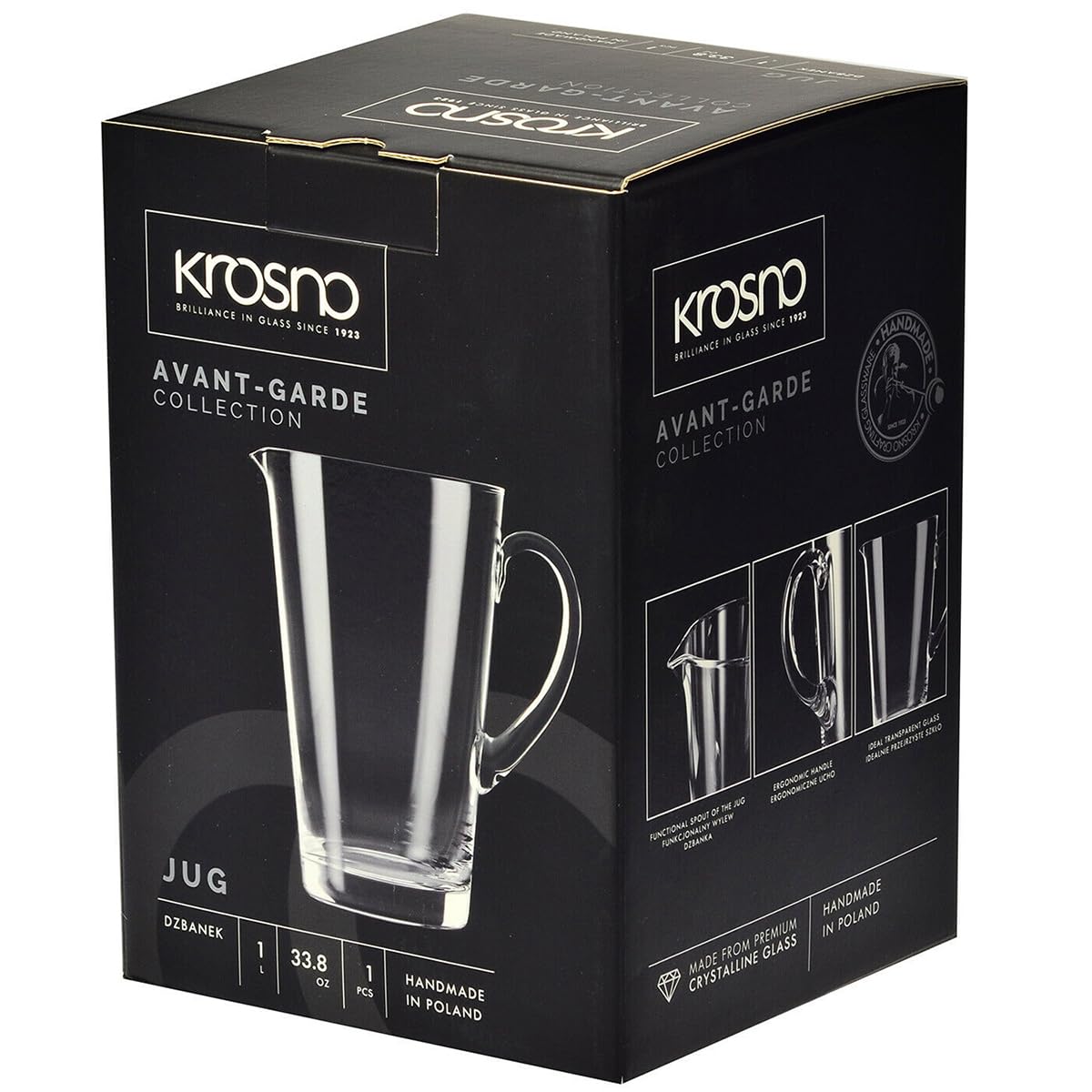 KROSNO Dzbanek do Wody, Soków i Napojów Kolekcja Harmony, 1000 ml | Szkło Kryształowe Bezołowiowe, ręcznie formowany, do wody, soków, lemoniady i napojów, zmywarka