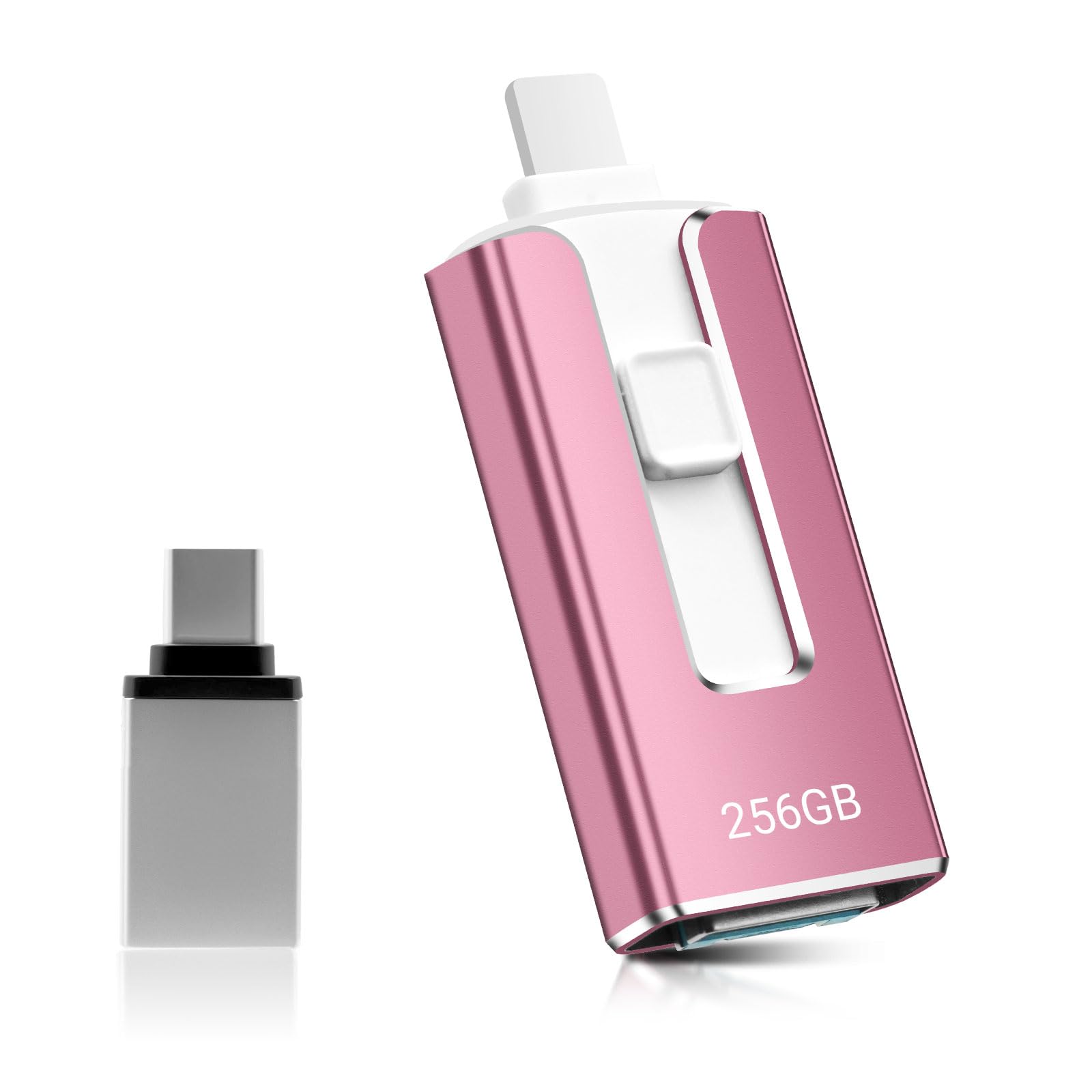 Clé USB 256 Go pour téléphone, clé USB 4 en 1 pour iPhone/iPad/Android/PC, clé USB 3.0 Haute Vitesse, Transfert Rapide, Sauvegarde de Photos et vidéos, Rose