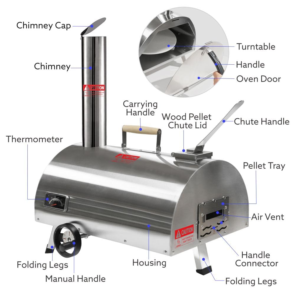 Horno de pizza para exteriores, horno de pizza giratorio semiautomático de 12 pulgadas, horno de pizza portátil de acero inoxidable con termómetro integrado, bolsa de transporte (media redonda 2