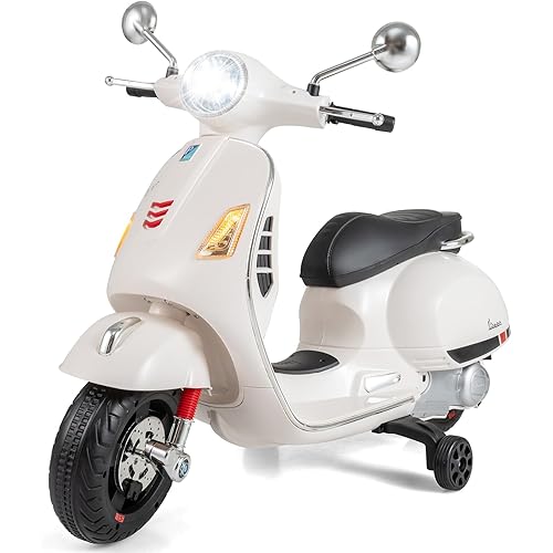 Costzon Toddler Motorcycle, 12V Licensed Vespa Ride on Motorcycle with Training Wheels, LED Headlight & Horn Sound, Ride on Toy, Battery Powered Motorbike, Gift for Boys & Girls, Gift (12V,White)
