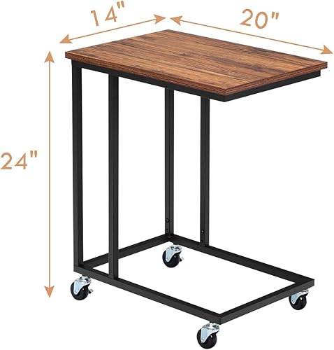 Miniatura 3 de Giantex Mesa auxiliar en forma de C, mesa auxiliar de sofá móvil con ruedas, mesa de aperitivos industrial con marco de metal, mesas de sofá que se