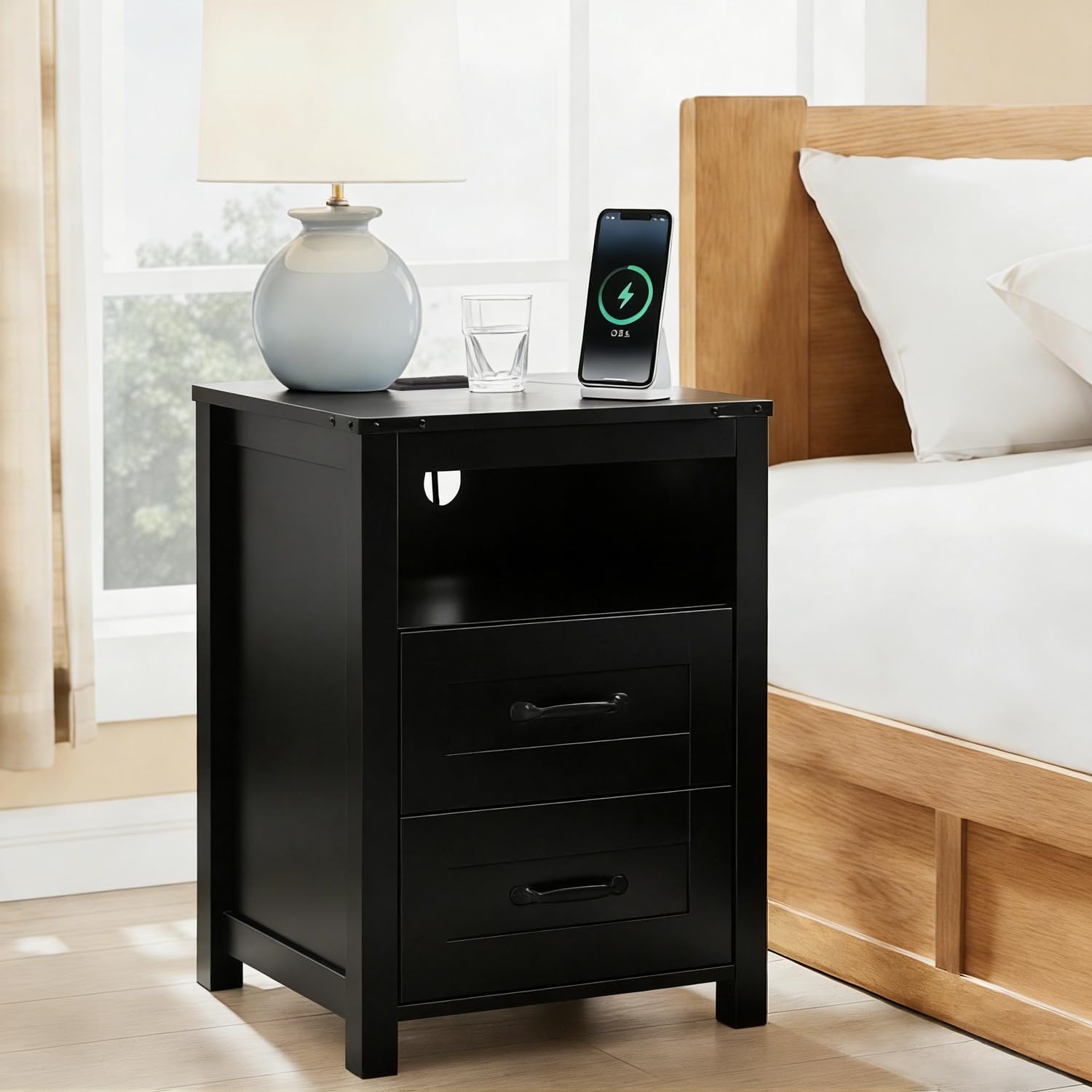 Puntogen Black Night Stand, Rustic End Table with Charging Station, Farmhouse Tall Nightstand for Bedroom, Drawer Dresser Bedside Table with Open