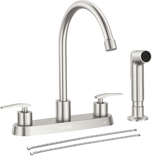 DAYONE DAY-CR2001 - Grifo de cocina con rociador lateral de 2 manijas, níquel cepillado, 8 pulgadas, 4 agujeros, grifo de fregadero de acero