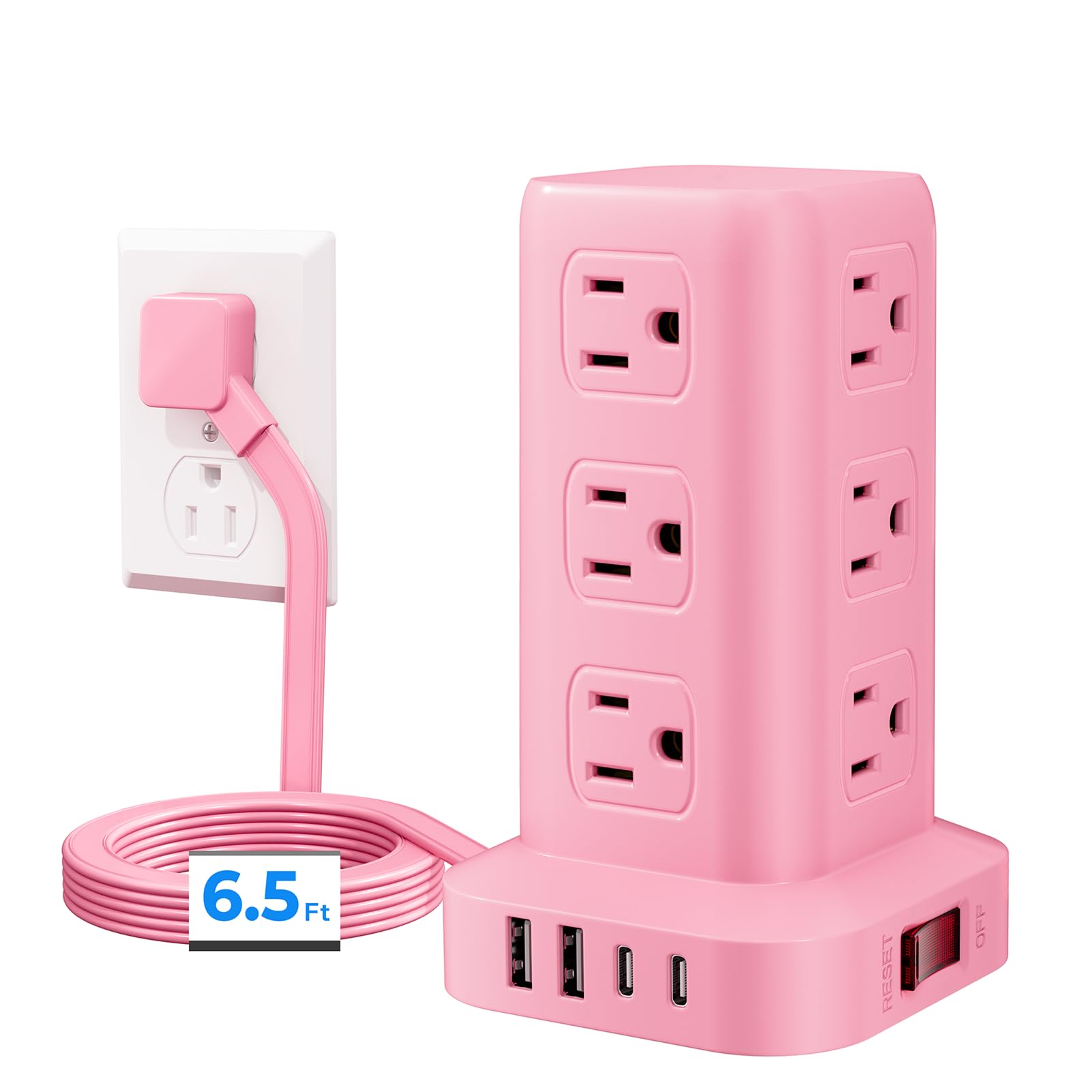 Power Strip with 12 Outlets 4 USB (1 USB C), 6.5Feet Extension Cord with Multiple Outlets, Charging Station, Pink Power Strip Tower, Home Office Desk Supplies 6.5Ft without Wireless Charging Pink