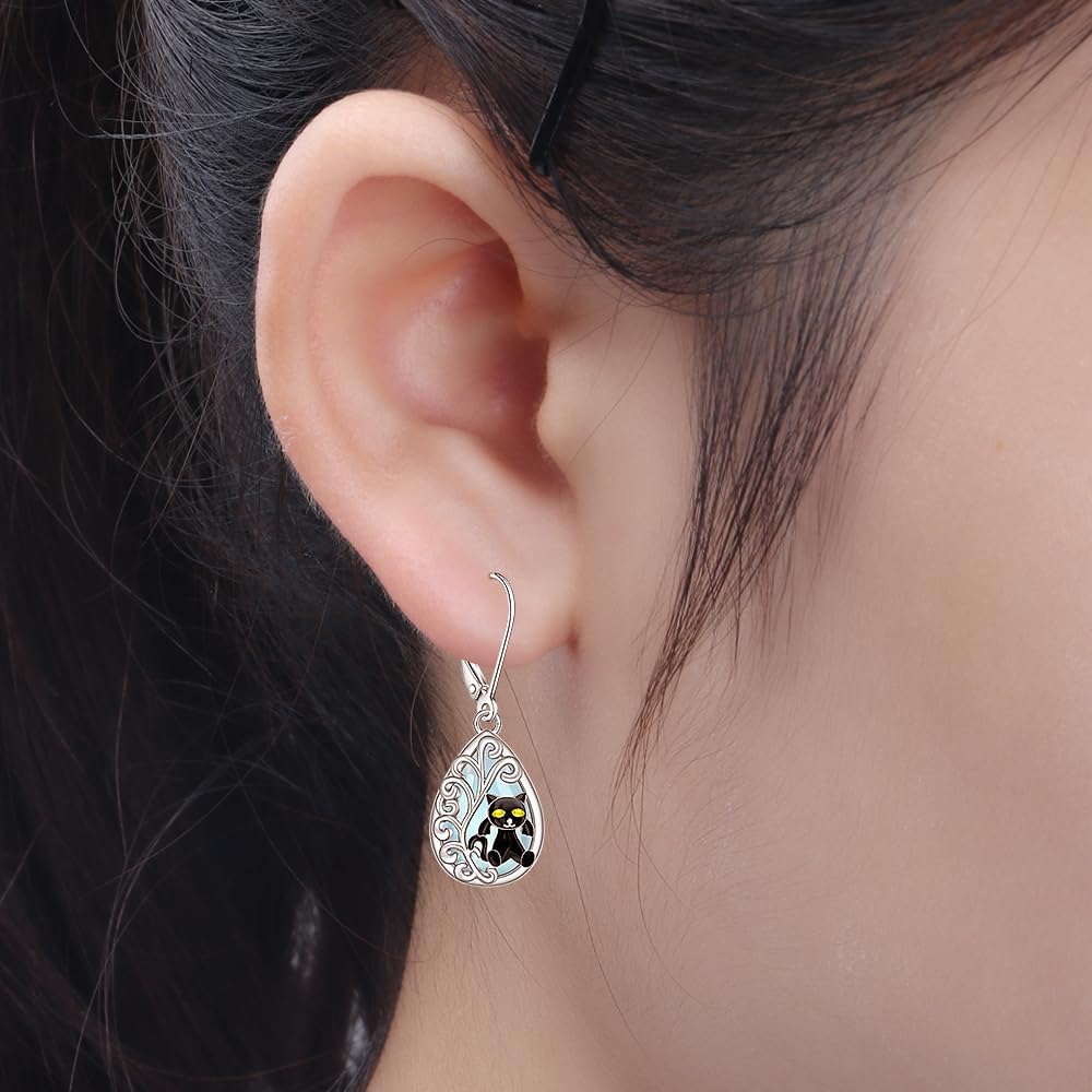 Black Cat Earrings Moonstone Earrings for Women Sterling Silver Cat Moonstone Earrings Drop Dangle Cute Animal Cats Leverback Jewelry Mothers Day Christmas Halloween Gifts