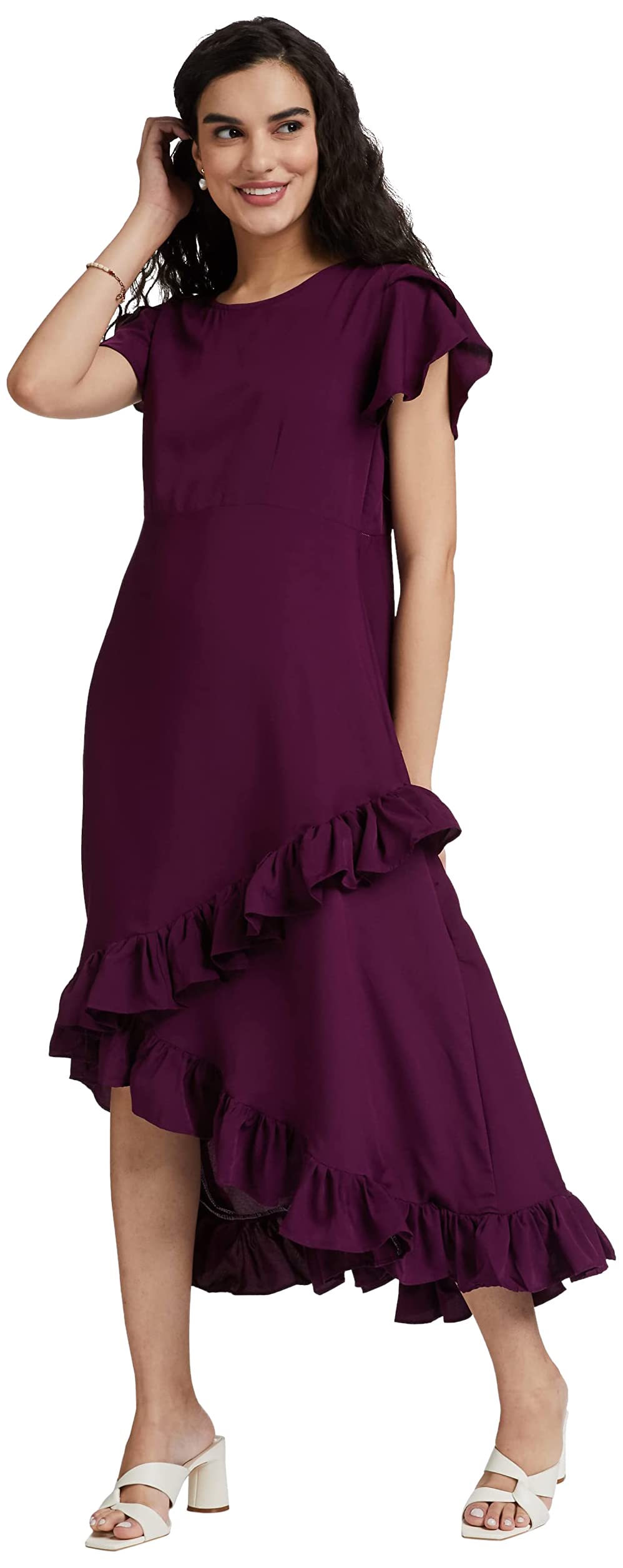 Oomph! Women's Crepe Wrap Dress (Group 62_Aubergine Purple_Xs)