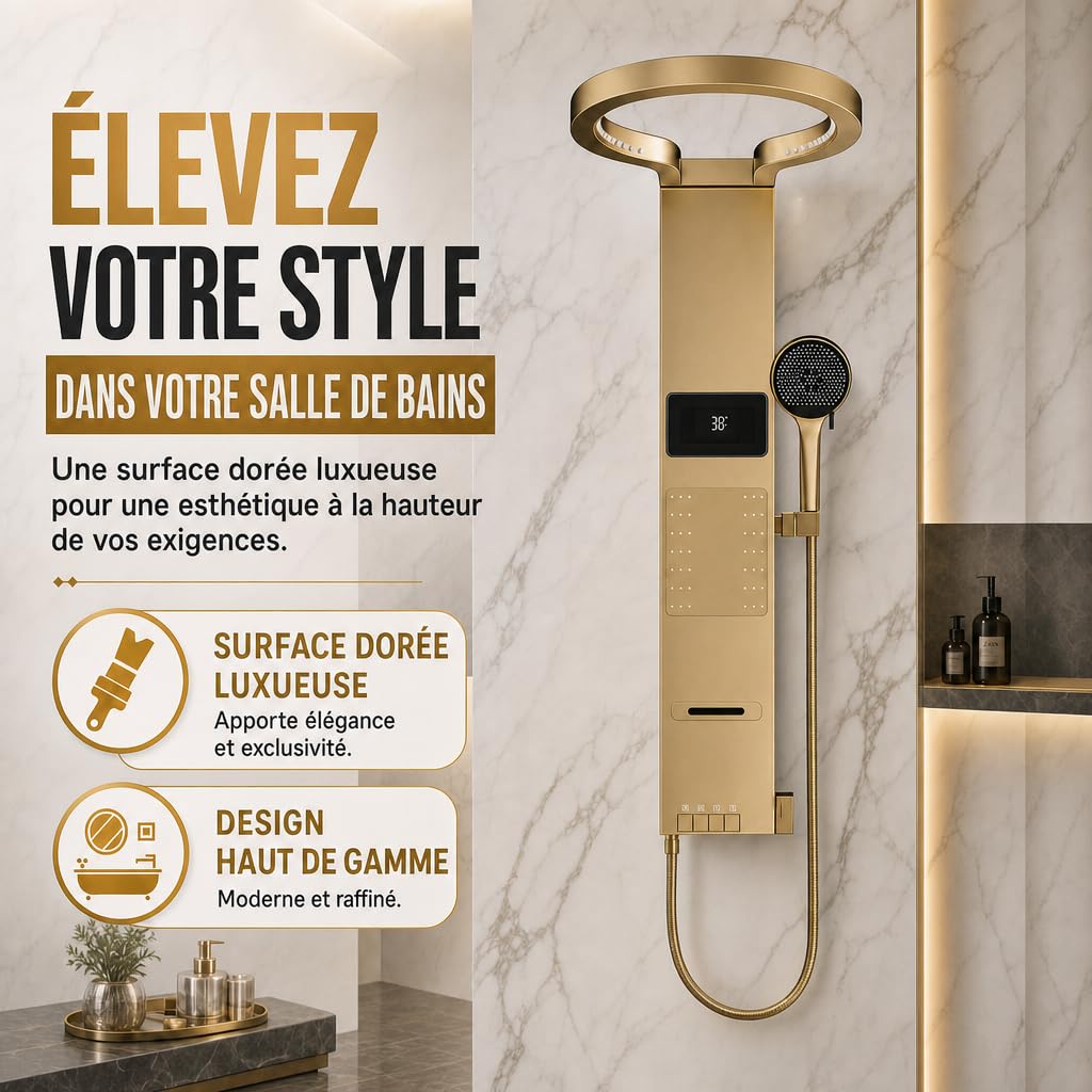 INEX EUROPA Colonne de douche thermostatique de luxe, couleur or - Hydromassage - Garantie 10 ans - 4 modes de fonctionnement - Hauteur : 105 cm - Collection Daytona