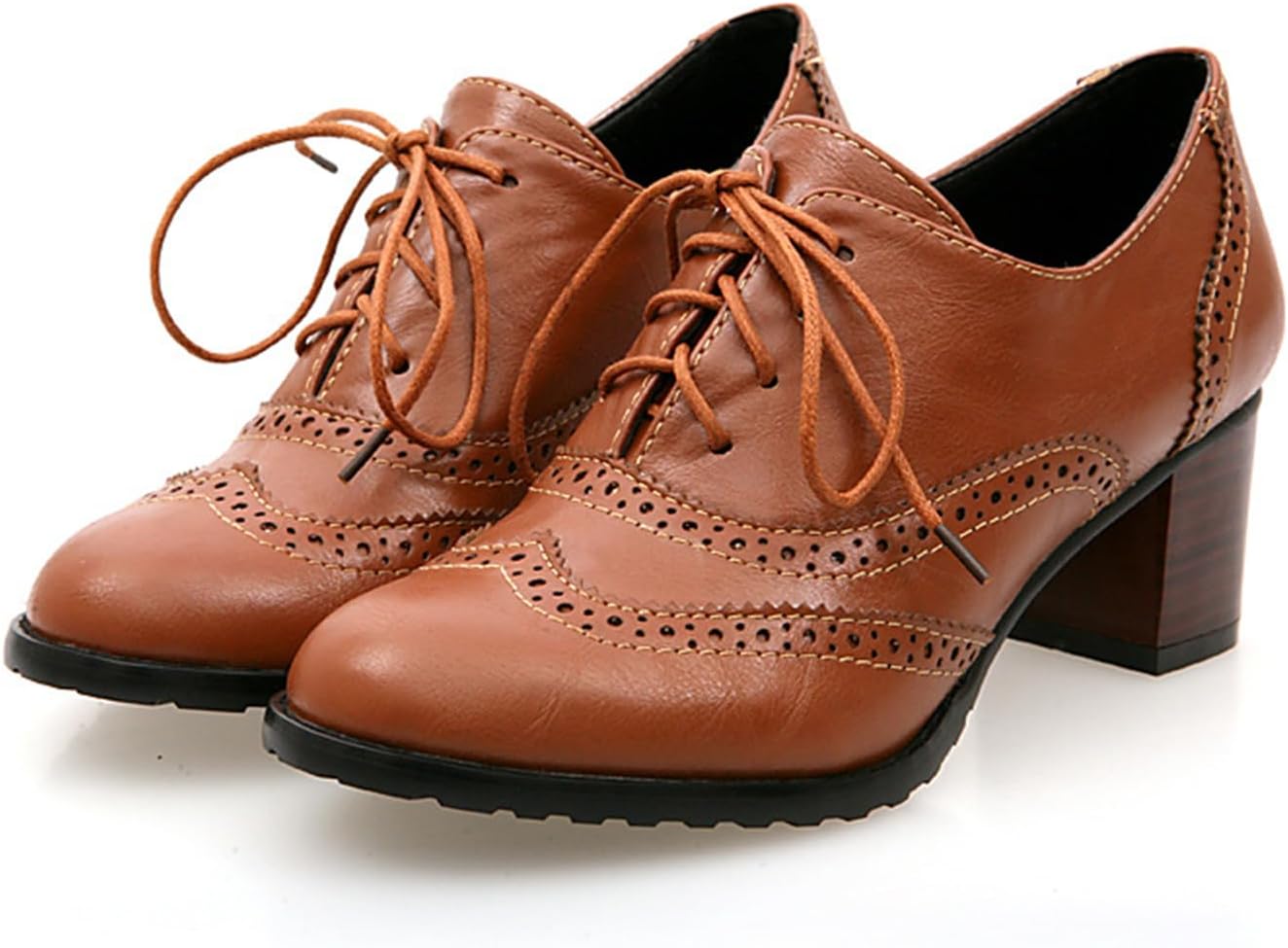 Women's Vintage Wingtip Oxfords Shoes Chunky Block Heels Round Toe Lace Up Pumps Dress Shoes