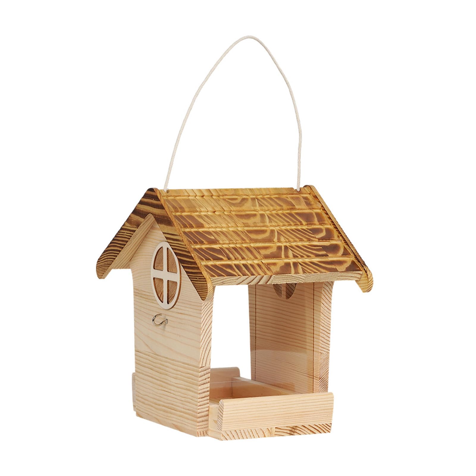 Decorazione per mangiatoia per uccelli da patio, casetta per mangiatoia per uccelli da esterno in legno con vassoio accesso aperto, finitura in legno naturale e ramo un albero o display da