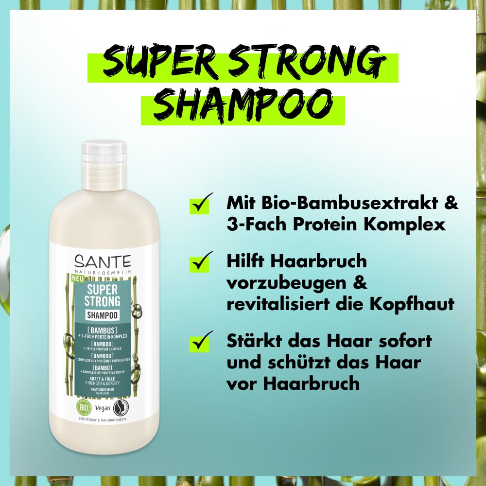 SANTE Naturkosmetik Super Strong Shampoo Bio-Bambus Extrakt + 3-Fach Protein  Komplex, veganes Pflegeshampoo mit natrlichen Inhaltsstoffen, strkt  kraftloses und schwaches Haar, 500 ml : Amazon.de: Kosmetik