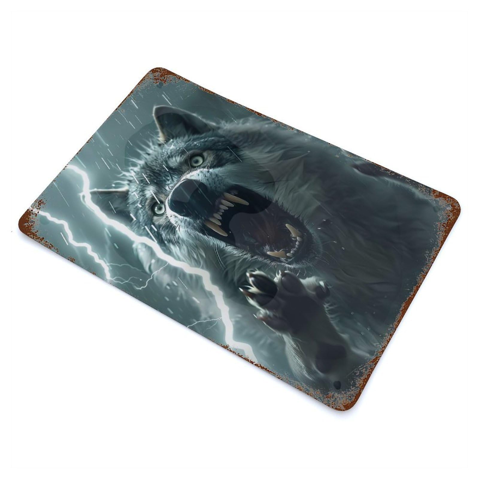 Garage Style Wolf Lightning Decorative Tin Sign 11.8"x7.9", Industrial Home Decor for Bar And Workshop
