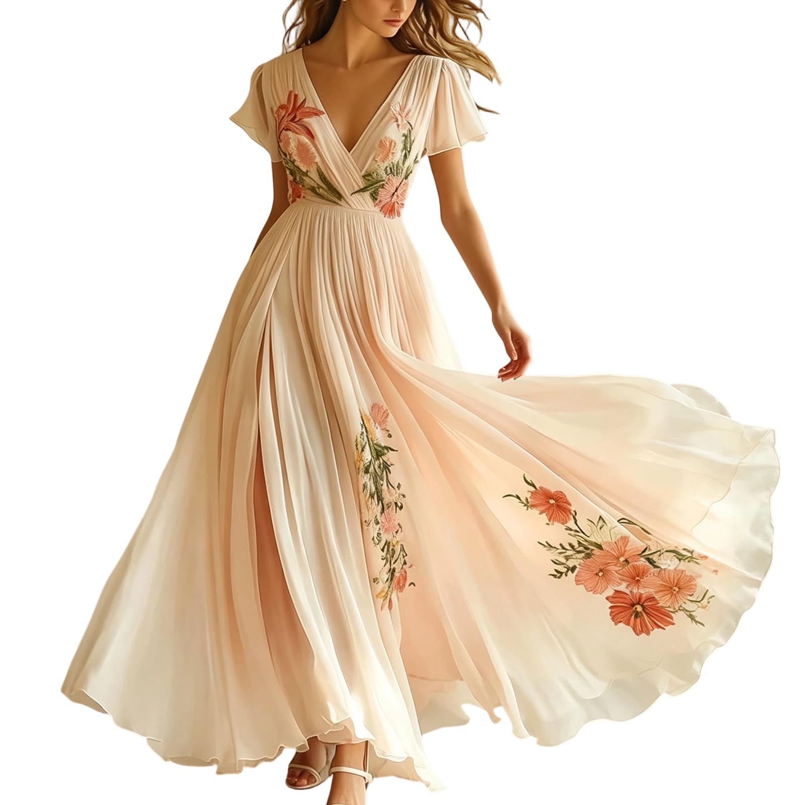 Maxikleid Damen Wickelkleid Chiffon V Ausschnitt Blumenmuster