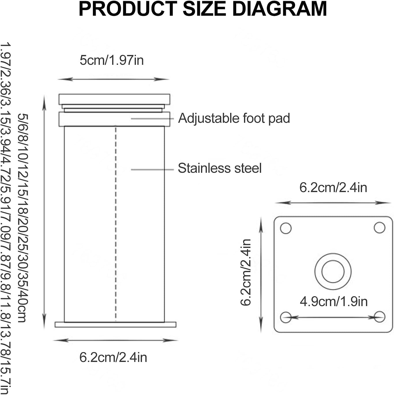 Stainless Steel Furniture Legs, 4 Pcs Table Legs Metal, Round Sofa Legs, Cabinet Legs, Desk Legs, DIY Replacement Furniture Feet, Height Adjustable, for Bathroom Kitchen,StainlessSteel-25cm/9.8in