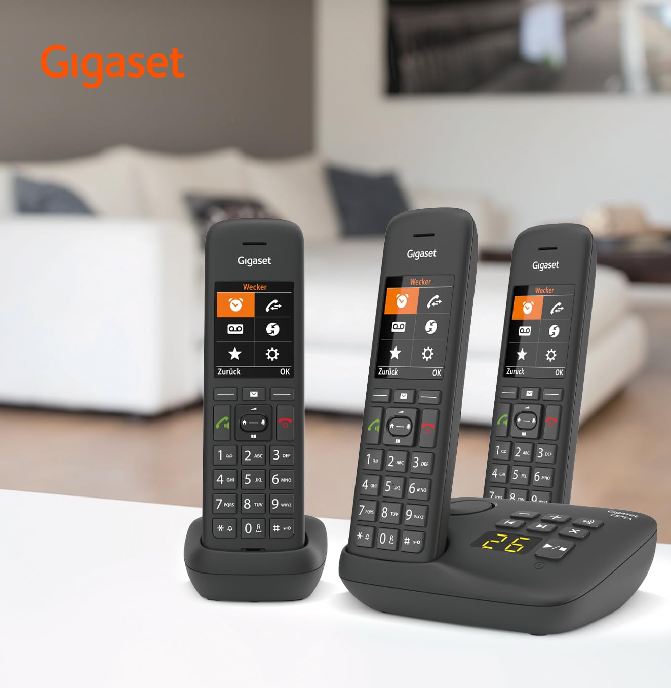 Gigaset C575A Trio - Cordless Trio con segreteria telefonica - possibilità di passare la chiamata da un portatile all'altro, Nero [Versione Italiana]