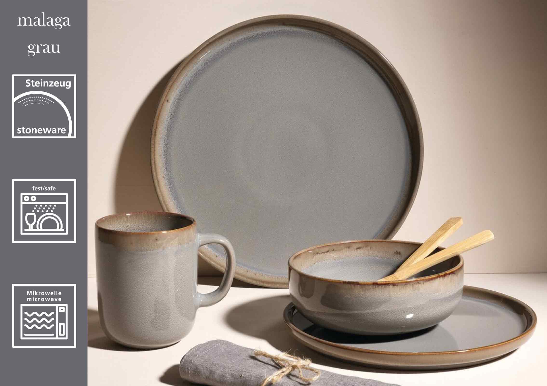 Ritzenhoff & Breker Malaga Kaffeebecher-Set 6-teilig, 380 ml, Steingut-Henkelbecher im minimalistischen Stil, Spülmaschinen- & Mikrowellenfest, Grau
