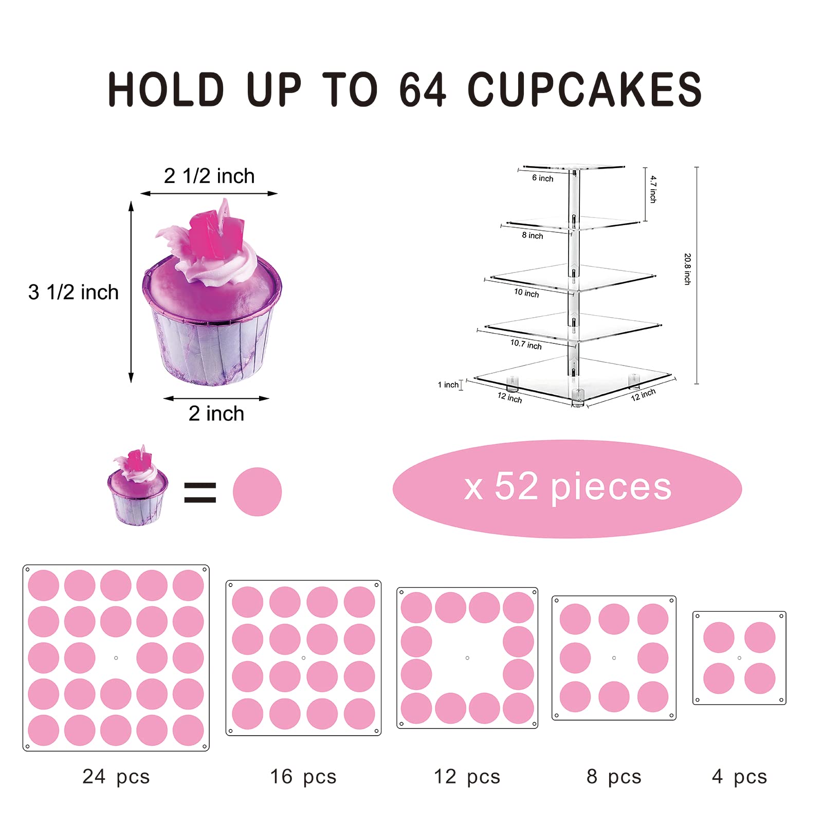 Soporte para cupcakes, soporte cuadrado de 5 niveles para cupcakes con cadena de luz LED, torre de acrílico para cupcakes, torre de postre, soporte de pastelería, soporte de nivel para