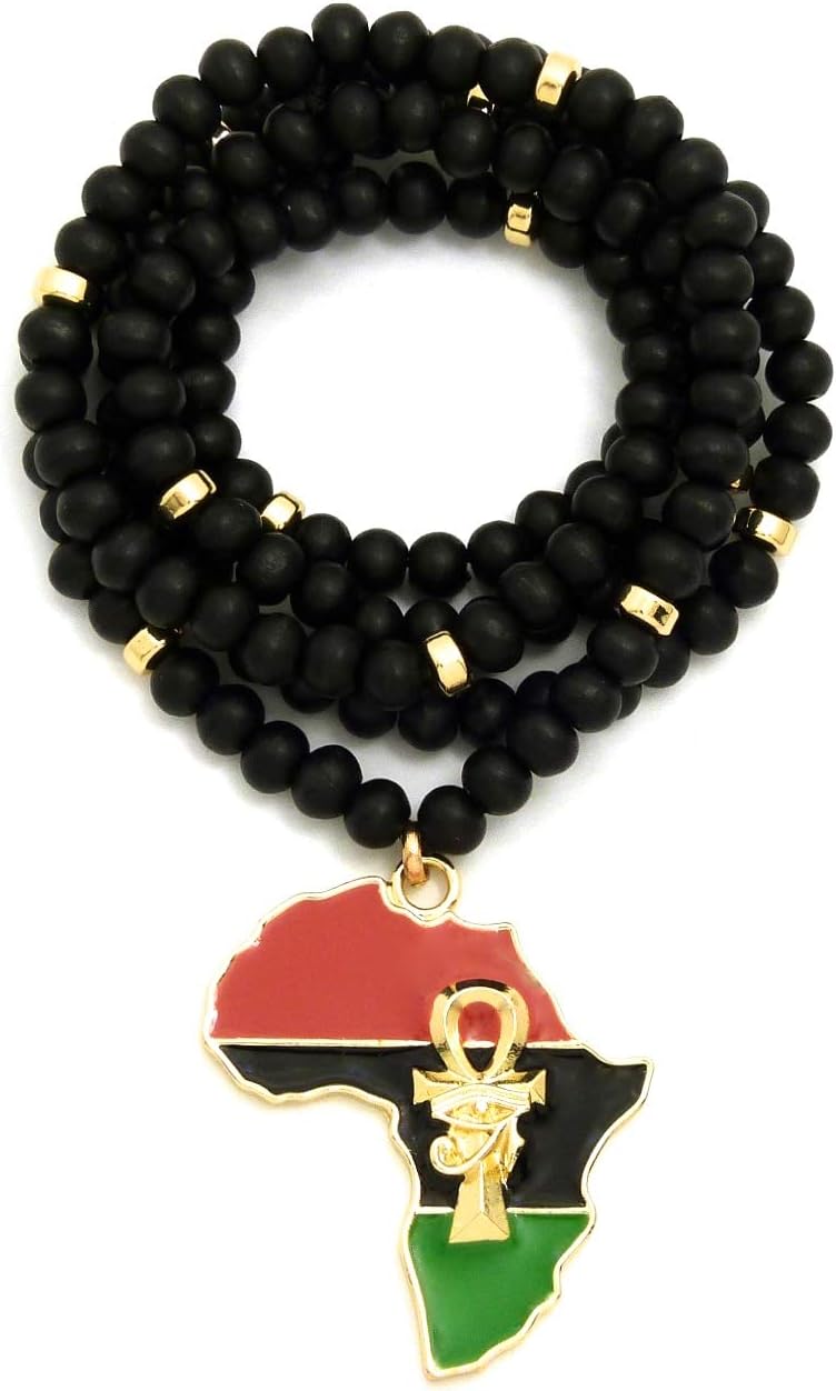 GWOOD Africa with Eye on Ankh Metal African Pendant Necklace on 32 Inch Black Wood Bead Chain