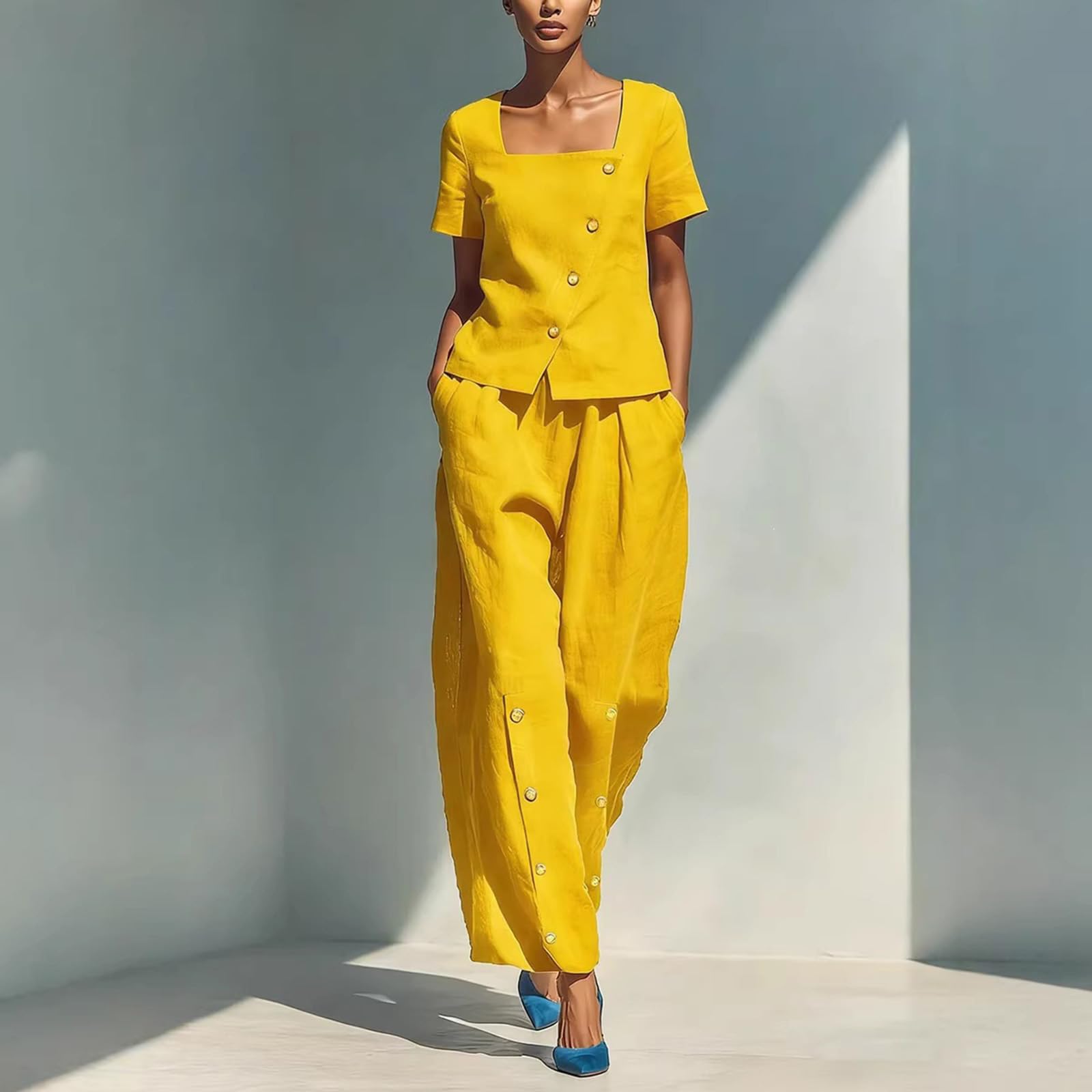 hausanzug damen Lässiges und modisches Damen Set aus kurzem Ärmel, weitem Bein, eckigem Ausschnitt, schräger Vorderseite, seitlicher Knopfleiste und eckiger Hose mit eckigem hosenanzug (Yellow, L)