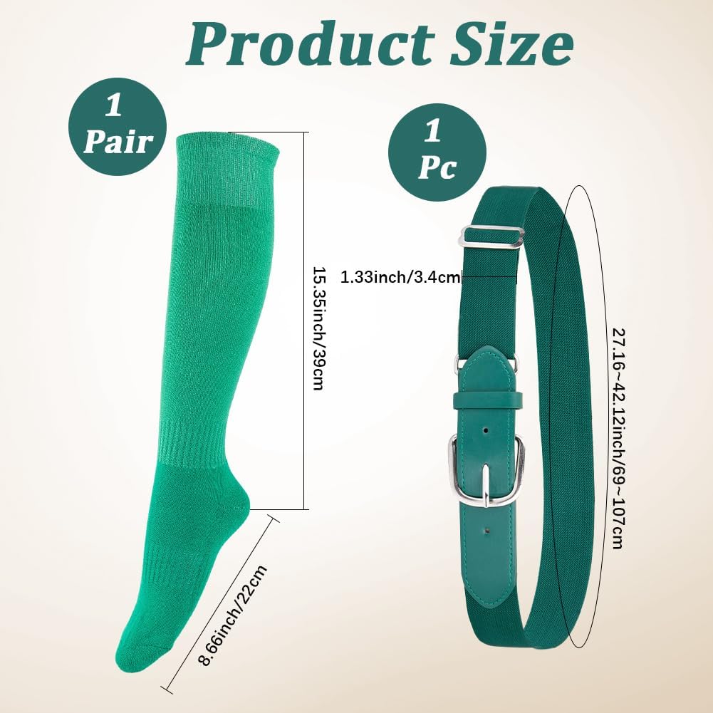 Solid Color Baseball Belt and Socks Combo Set Elastic Elite Team Sport Knee High Socks Polyester PU Leather Adjustable Softball Waist Belt Waistband with Alloy Clasp for Youth Adult(Green)