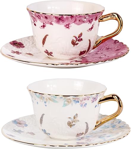 KAMMAK Juego de 2 tazas de té y platillos, tazas de café de porcelana reforzada, tazas de café apilables de 8.5 onzas, demitasse de cerámica para