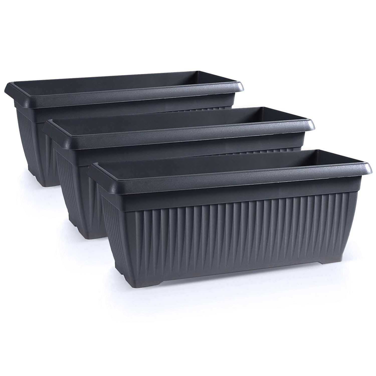 IMJ-Global Juego de 3 macetas rectangulares para flores, plantas, de plástico, 60 x 25,7 x 23,8 cm, para interior y exterior, color negro, volumen 18 litros, diseño moderno