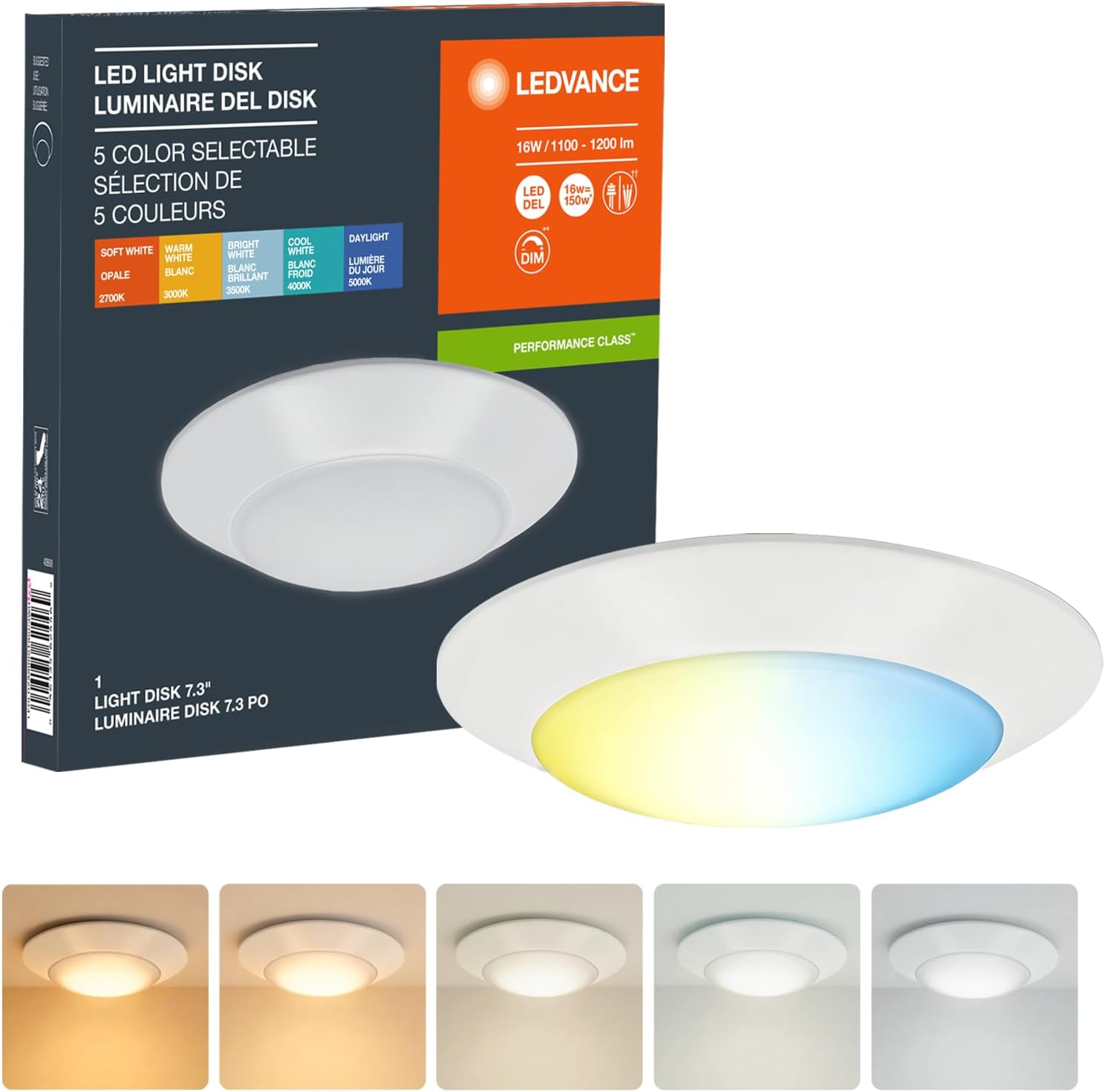 LEDVANCE 16W LED Light Disk, 5 CCT 2700/3000/3500/4000/5000K, Dimmable, 1200 LMS, 90 CRI, Wet Rated, Frosted Finish - 1 Pack (62447)