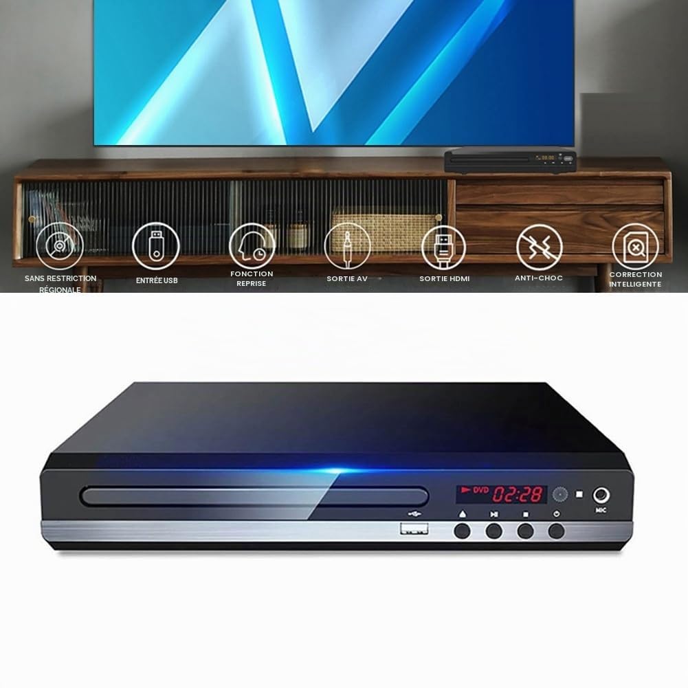 Lecteur DVD 1080P HD Home DVD-Player-Box pour Télévision Lecteur DVD CD sans région Sortie AV Lecteur EVD Prise UE Noir