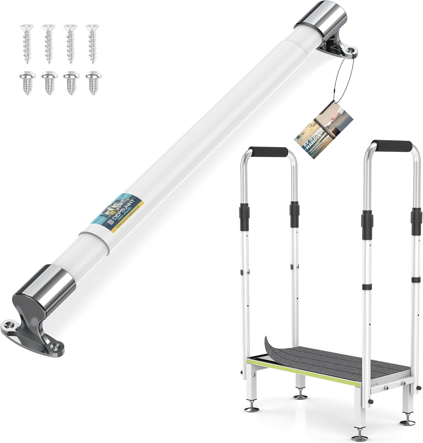 RV Screen Door Handle Cross Bar Adjustable from 21.7" to 33", Step Stool with Handle for Elderly,1 Step Stool with 2 Handrails