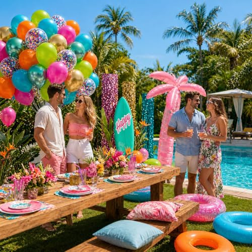 Image of Tropical Rainbow Balloons Kit, 50 Pcs 12 Inch Hawaiian Teal Orange Pink Metallic Green Gold Confetti Balloons for Girl Kid Summer Beach Luau Aloha Pool Birthday Back to School Party Decorations