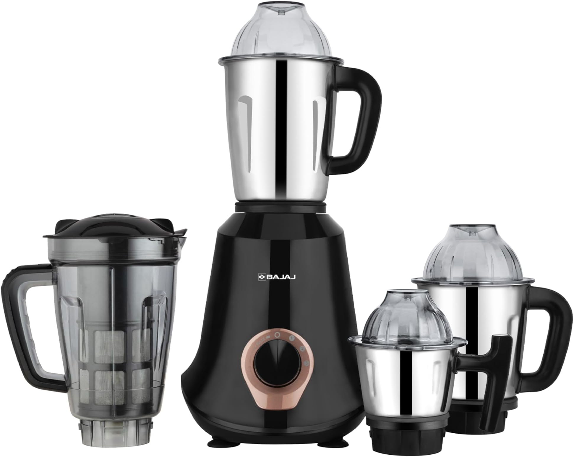 Bajaj Military Series Glamore 1000 W Mixer Grinder With 4 Jars (3 Stainless Steel Jars + 1 Fruit Filter Jar) | DuraCut Blades | Powerful Titan Motor | Unbeatable Toughness | 2 Yrs WarrantyใJet Blackใ
