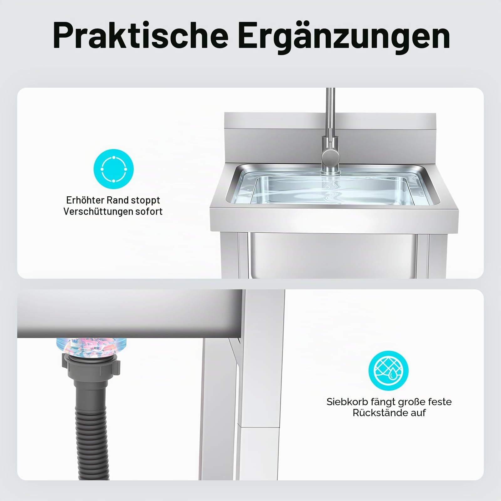 Edelstahl Küchenspüle, 50x50x93cm Profi Spültisch Gewerbliche Freistehend Spüle Multifunktionswaschtisch Singleküche Mobile Deluxe Spültisch Camping Waschbecken für Küche Wäsche Garage Garten Bar