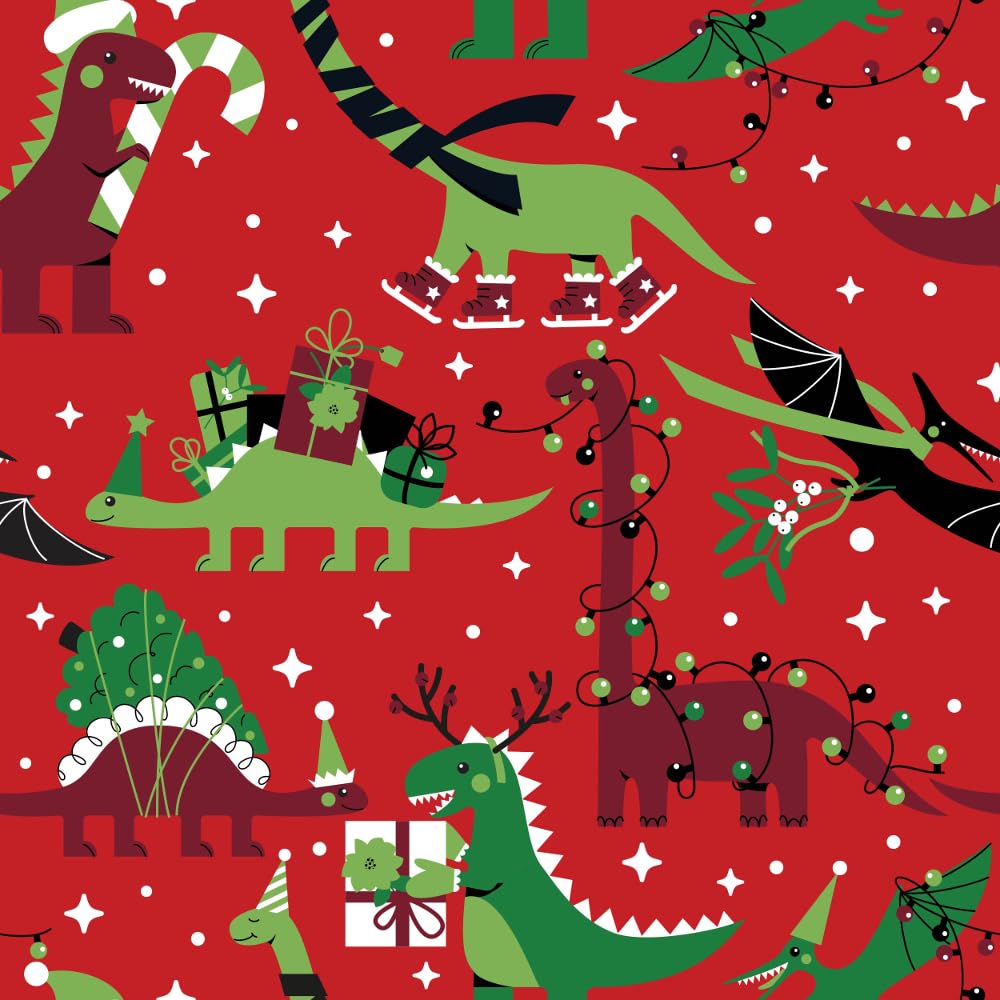 Polycotton Fabric Deco Dinos Dinosaur Lights Party Christmas Festive (Sold Per Metre) (Red)