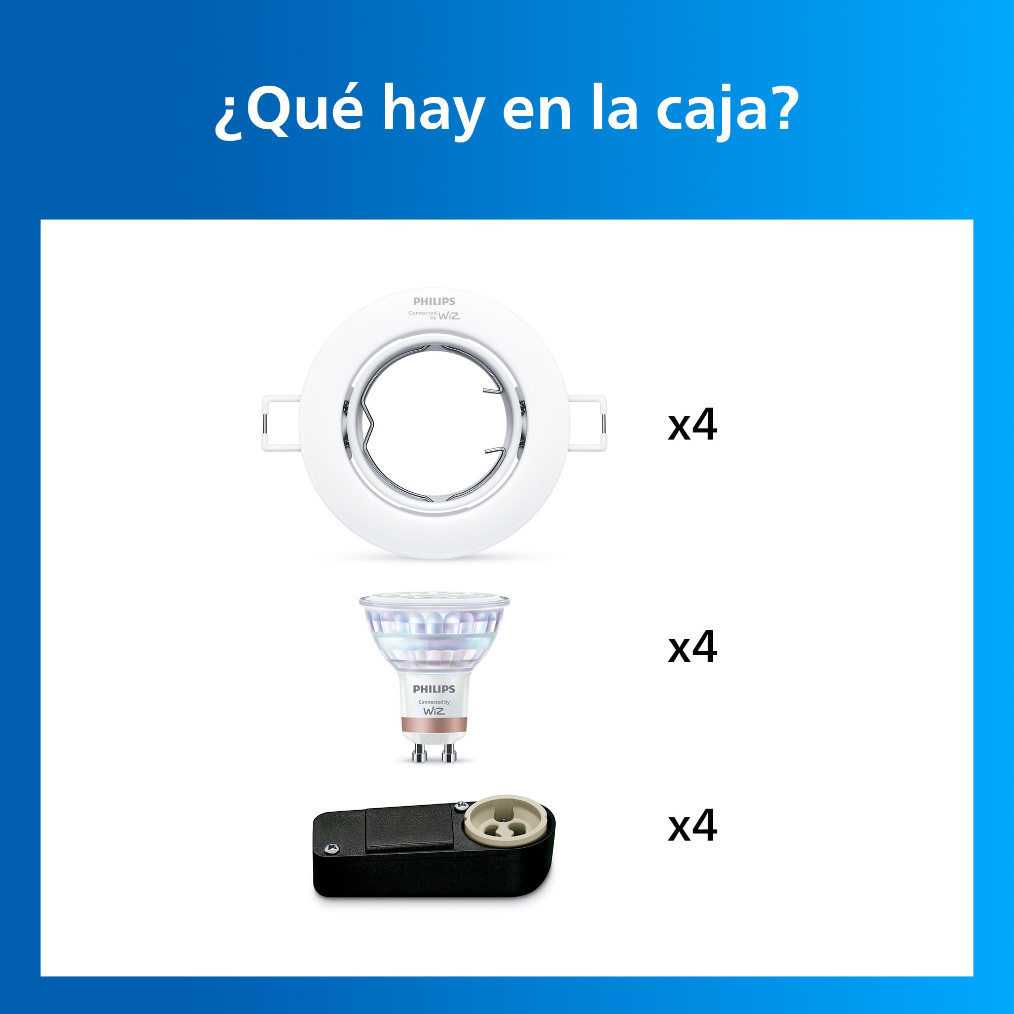 Philips Smart Lighting Kit Bombillas GU10, Pack de 4, Luz Blanca Ajustable y de Color, Solución Total, Cabezal Inclinable, Regulable, Control por App y Voz, Blanco