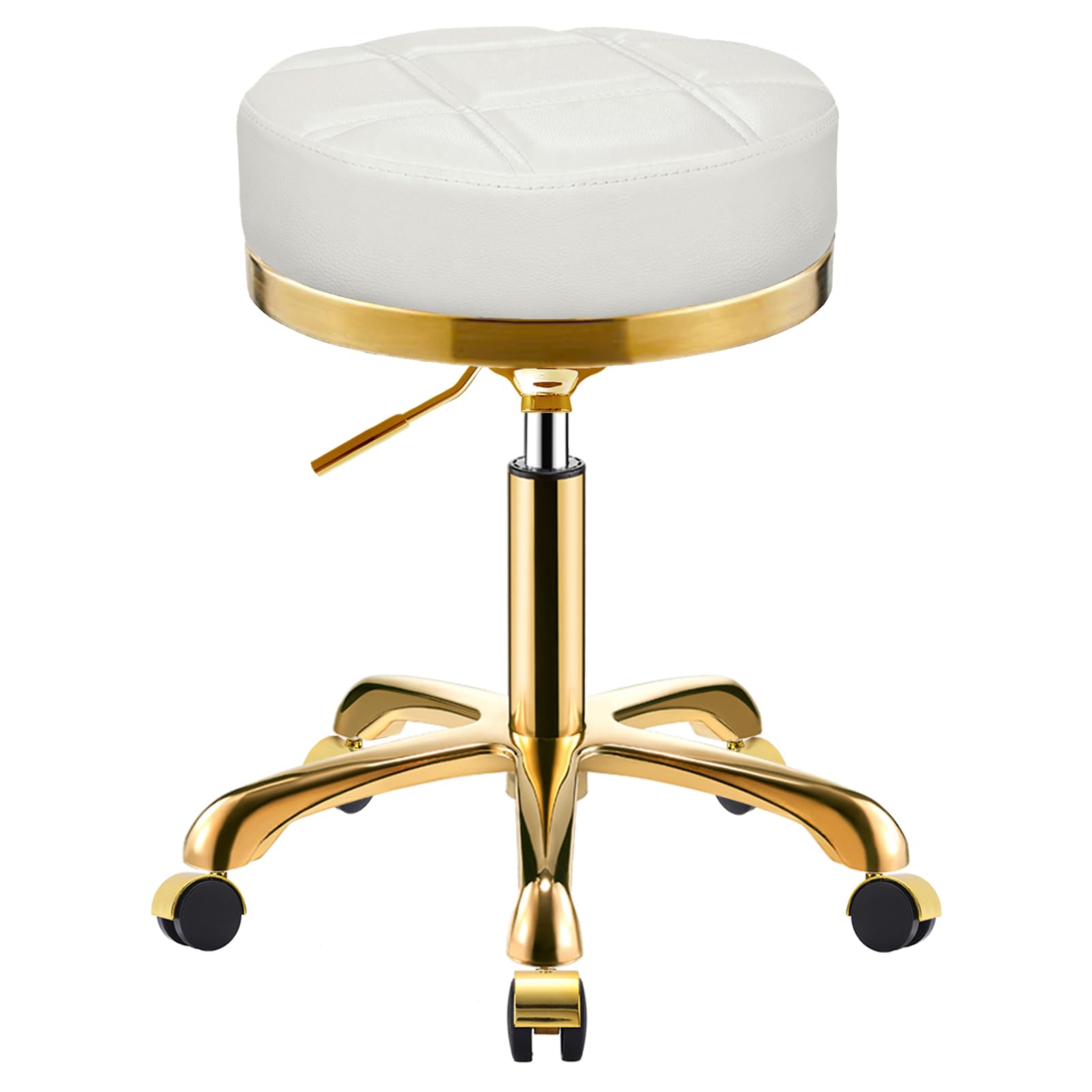 Doré Tabouret à roulettes Ergonomique Rond Chaise Roulant Cuir PU Pivotant Bureau Salon Medical Réglable Hauteur 45-58 cm Blanc