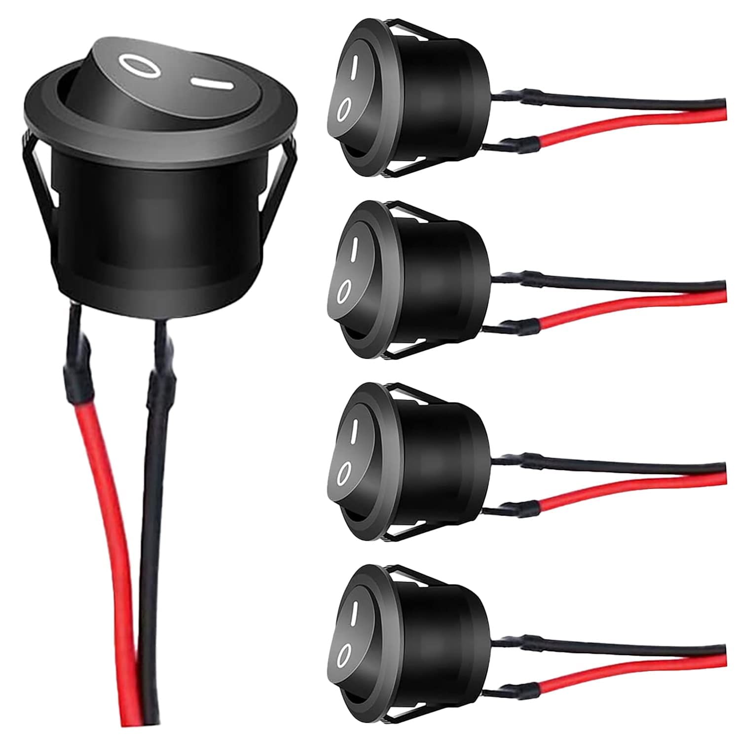 UMTMediaยฎ 5Pcs 12V Round Rocker Switches 20mm AC 6A/250V 10A/125V SPST 2 Pin 2 Position On/Off Toggle Car Boat Caravan On/Off - With 100mm Pre-soldered Wires KCD1
