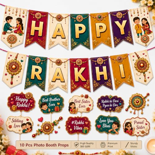 Image of Festiko Happy Rakhi Banner with 10 Pcs Photo Booth Props Combo, Raksha Bandhan Decoration Kit for Home, Family Celebration, Party Decor, Sibling Photoshoot Backdrop Supplies