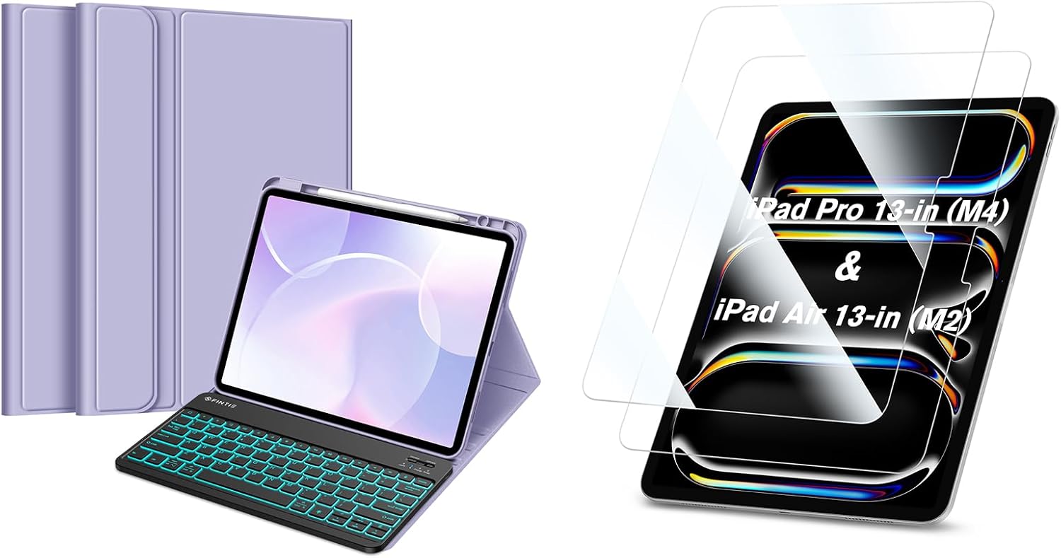 Fintie Bundle: Fintie Keyboard Case for iPad Air 13-inch (M2) 2024 - Soft TPU Back Cover with Magnetically Detachable Bluetooth Keyboard + [2-Pack] Tempered Glass Screen Protector