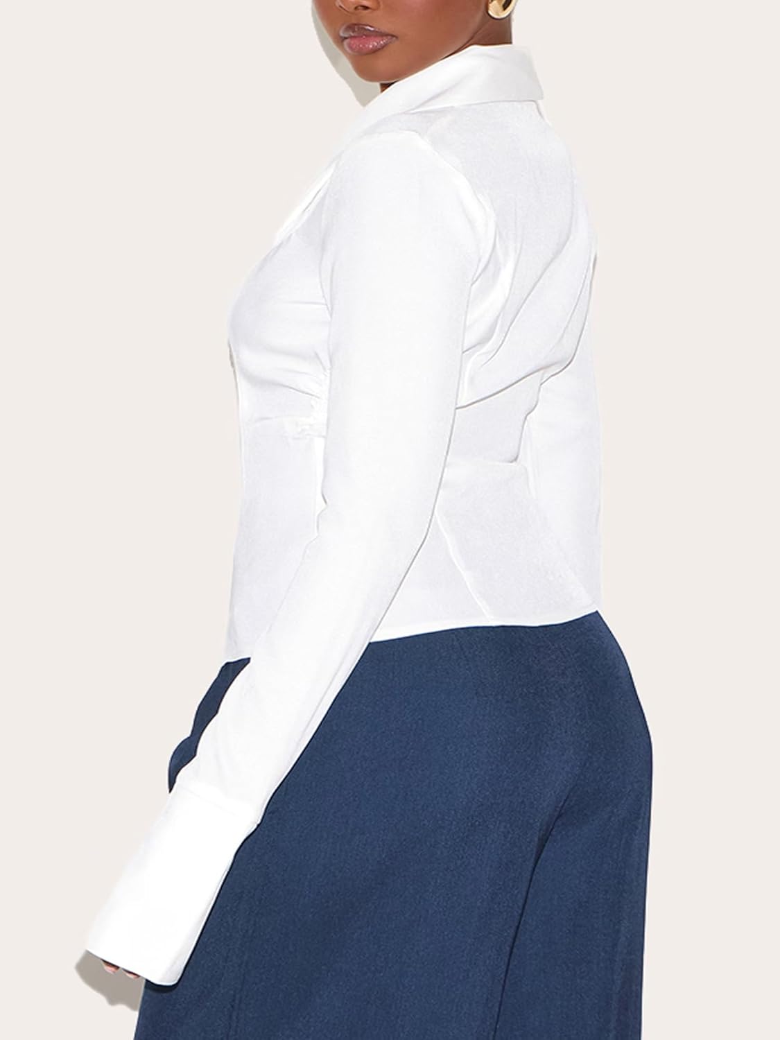 SUNNOW Women's Long Sleeve Shirt with Oversized Collar Slim Fit Blouse Elegant Stand Out Lapel Top - Image 2