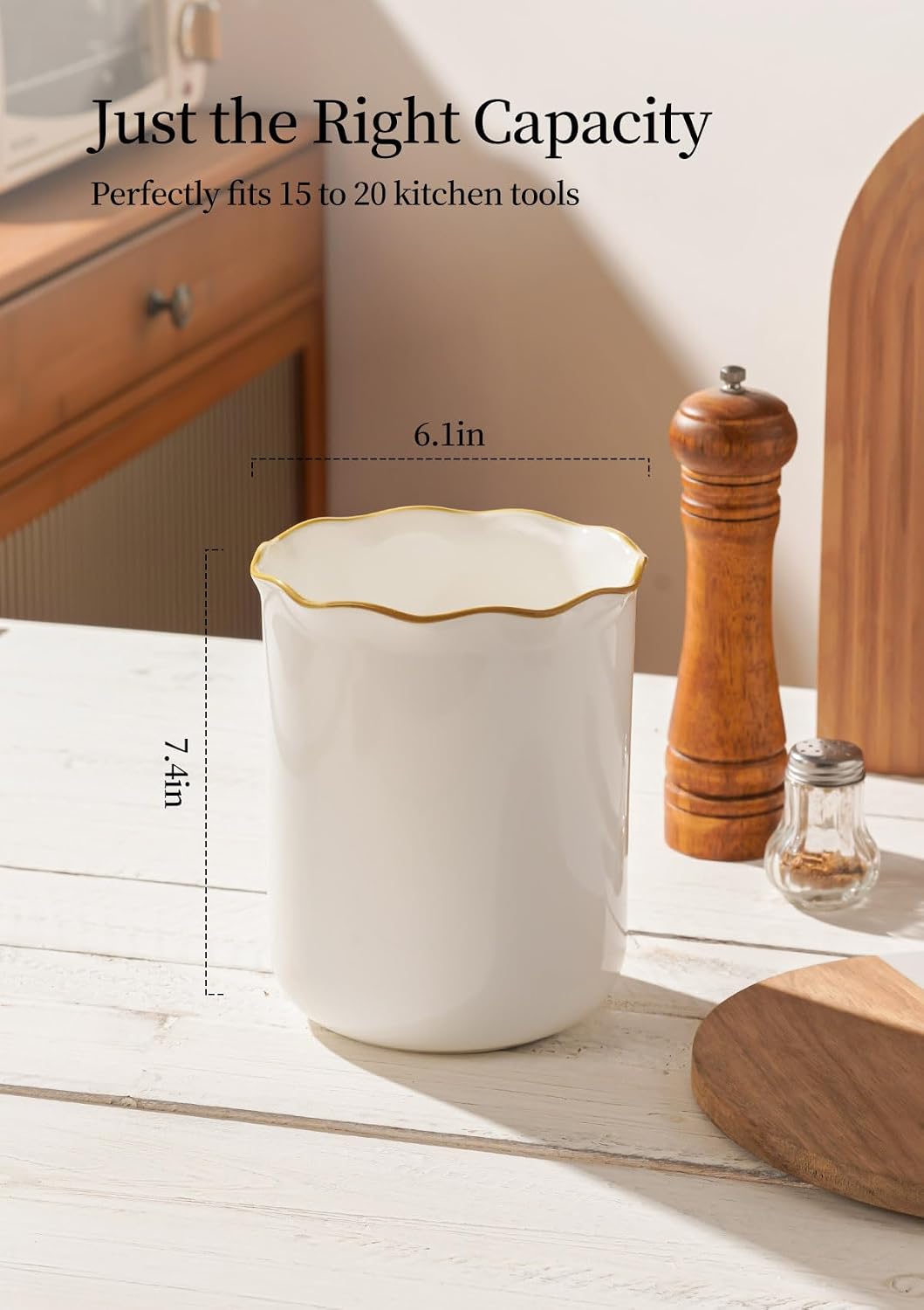 Onniyor Ceramic Kitchen Utensil Holder for Countertop, 7.4 Inch Large Cooking Utensil Crock for Spatulas, Spoons & Tools, Modern Farmhouse Organizer, Multi-Purpose Counter Decor, Easy to Clean, White