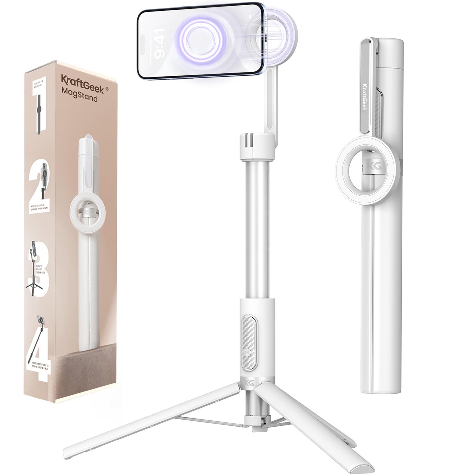 KraftGeek Magnetic Selfie Stick Tripod for iPhone, 64” Phone Tripod for Magsafe, Travel Phone Stand with Remote for iPhone 16 Pro Max