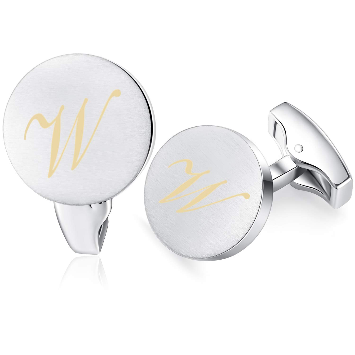 HONEY BEARInitial Alphabet Letter Cufflinks for Men, Round Shape Stainless Steel Wedding Business Gifts Silver Gold A - Z