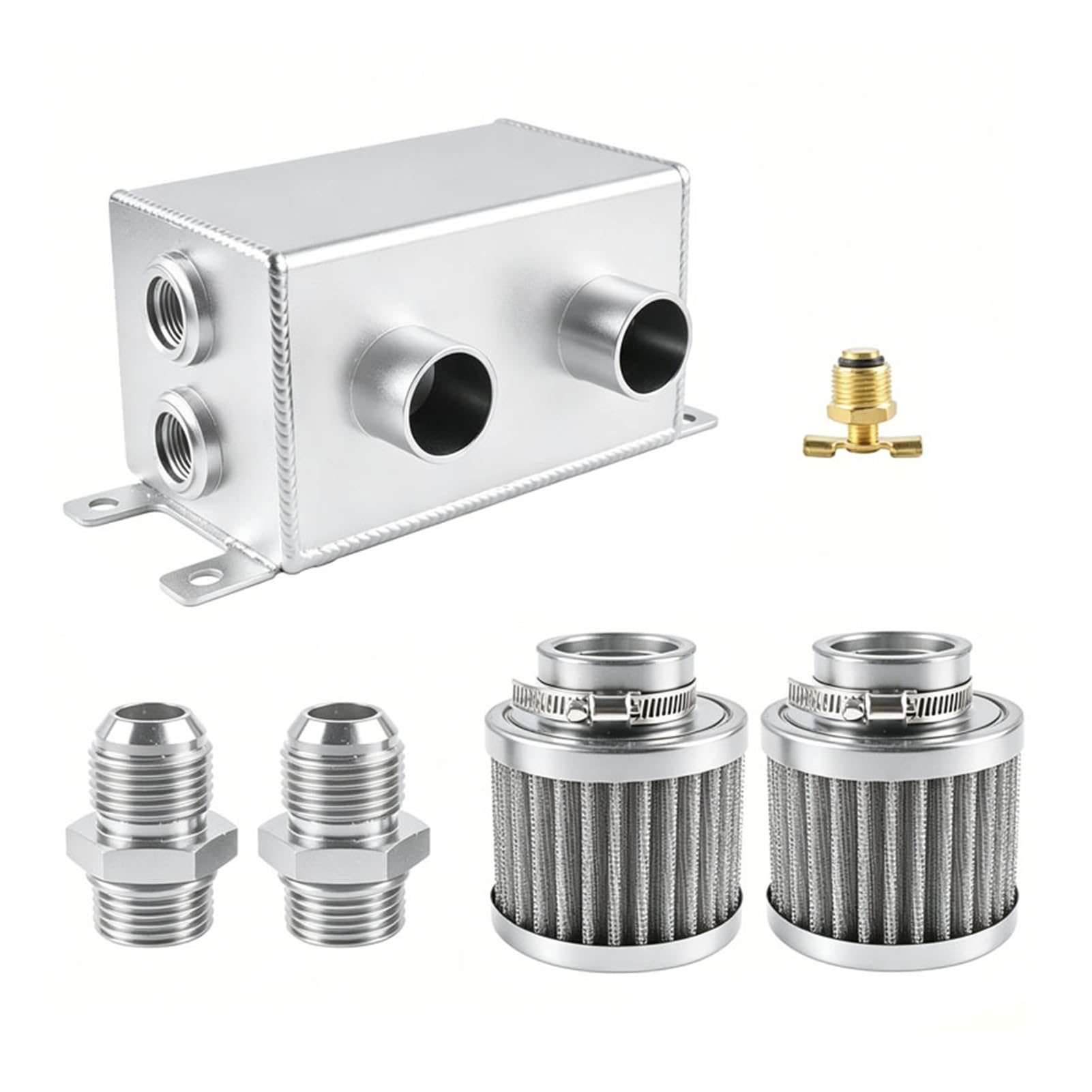 Luocute Kit de Recipiente Colector de Aceite de 1,2 L con Filtros de Ventilación | Separador de aceite de doble deflector de rosca AN10 de aleación de aluminio Universal, lata de aceite desconcertada para