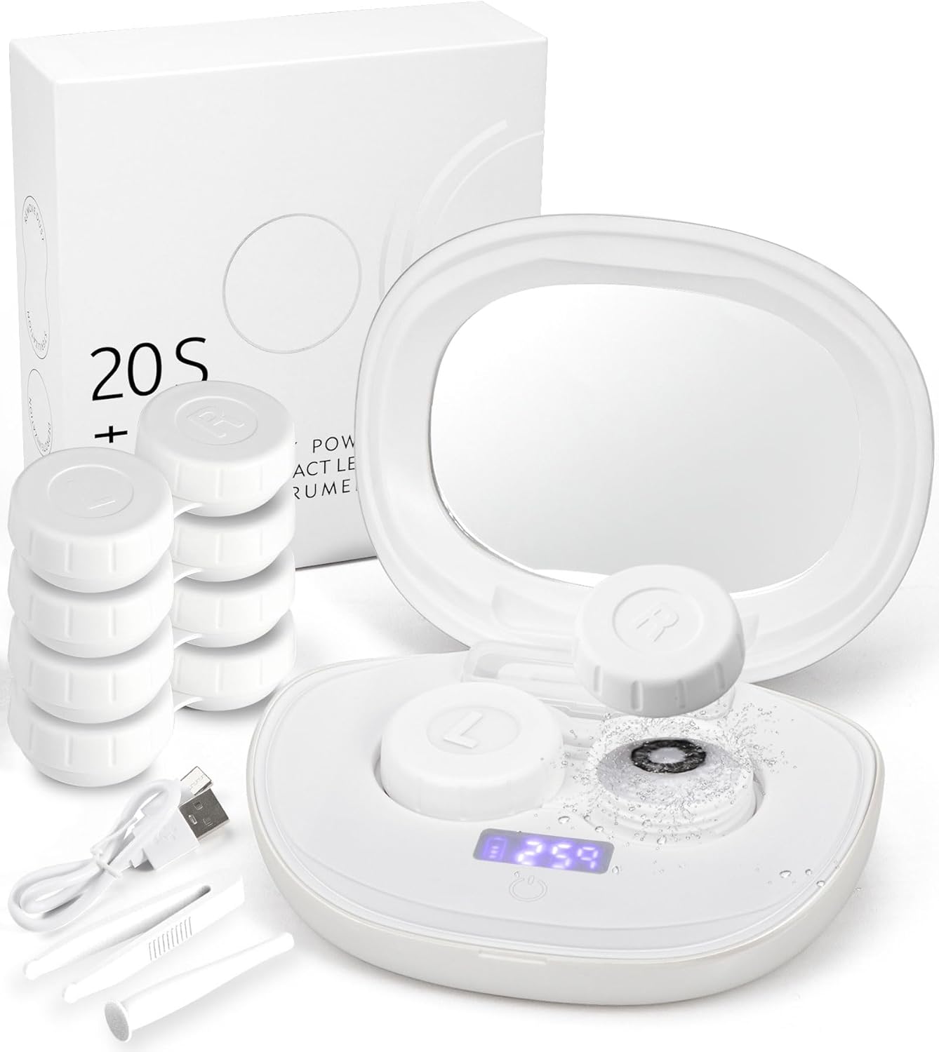 ofone Contact Lens Cleaner, Ultrasonic Contact Lens Cleaning Machine with USB Charger, Timer Display and 5 Contact Solution Cases Kit Replacement for Soft Hard Colored RGP Lenses (White)