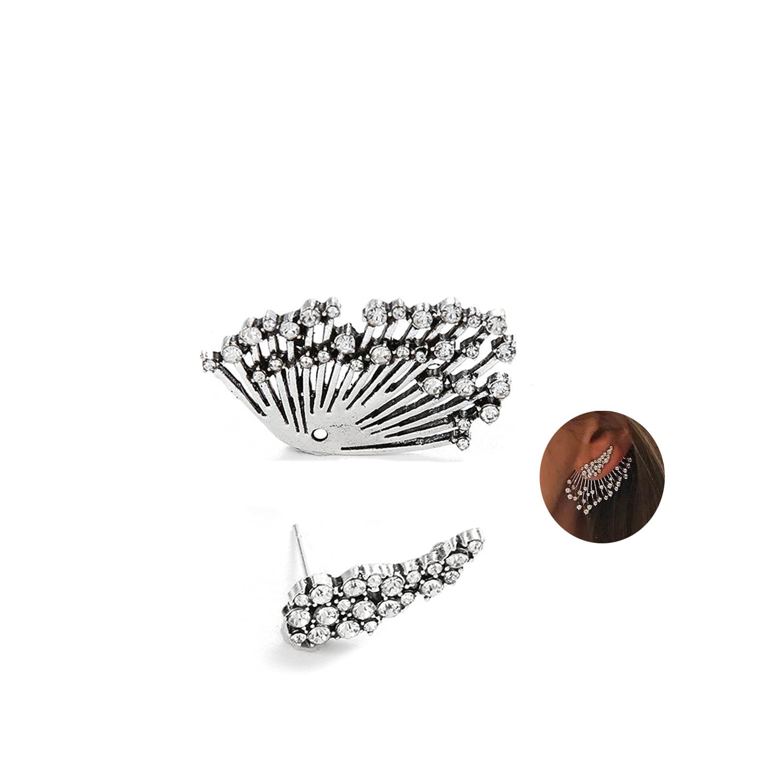 YheakneGothic Wing Ear Jackets Earrings Silver Angel Wing Earrings Rhinestone Front Back Earrings Crystal Cz Wing Wrap Earrings for Women and Girls