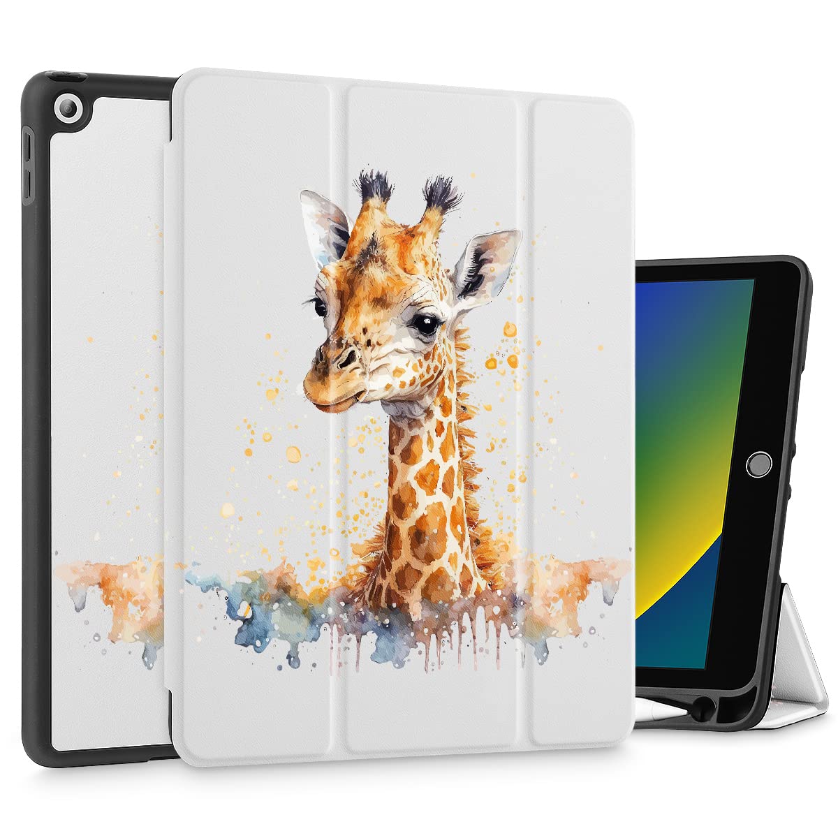 May Chen for iPad 10.2 inch 2021/2020 iPad 9th/8th Generation & 2019 iPad 7th Generation with Pencel Holder, Trifold Stand Protective Case with Soft TPU Back, Auto Sleep/Wake Cover, Cute Giraffe