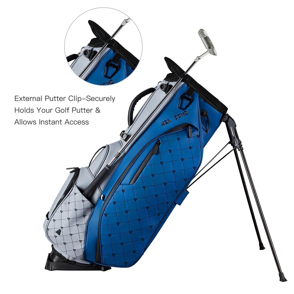 ASK ECHO Golf Prestige-14 Way Hybrid Stand Bag - Premium Leather Outdoor Putter Clip (Navy Grey)