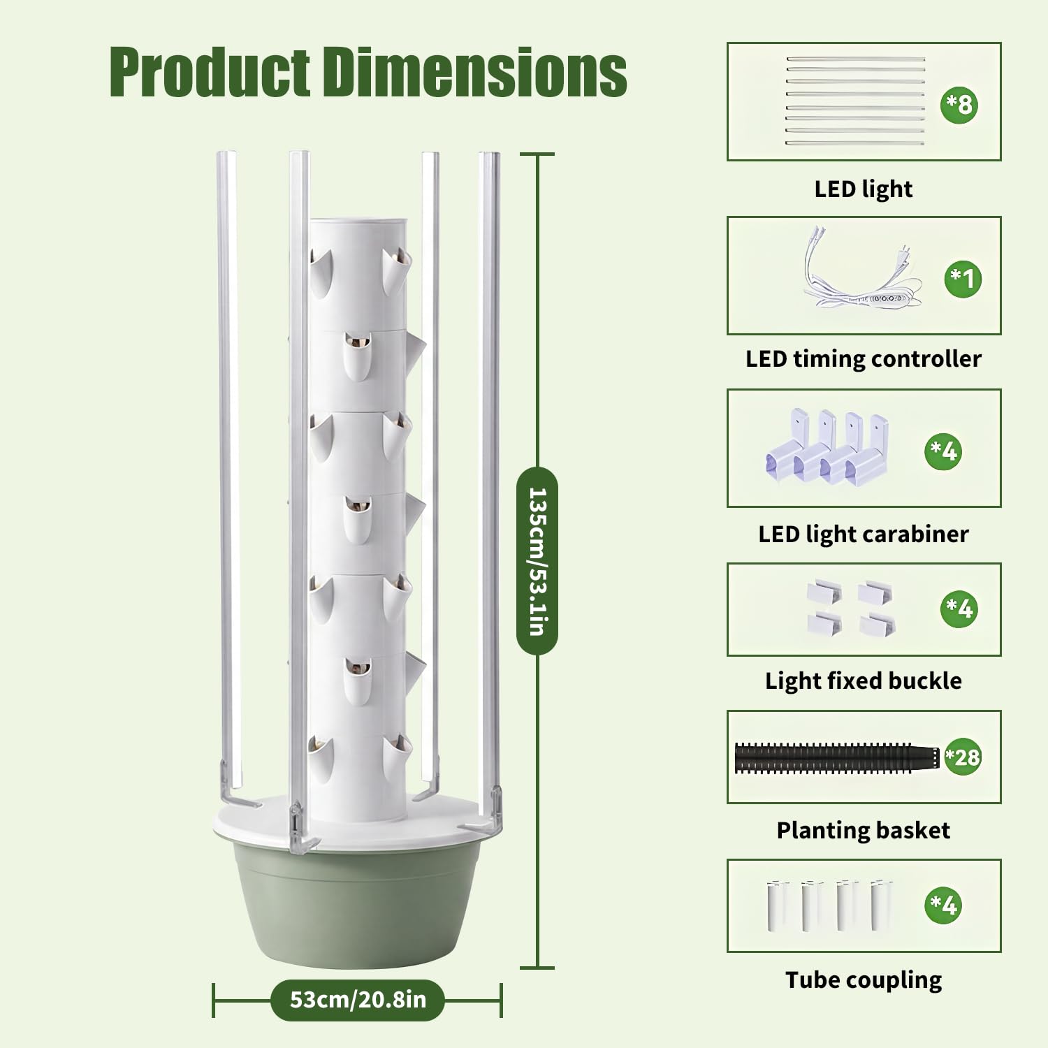 Système de culture hydroponique vertical - Tour d'intérieur automatisée pour l'aéroponie - Avec lampes de culture LED, pompe, minuterie et réservoir d'eau mobile - Pour légumes, fruits, herbes (7